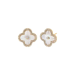 Diamond Pave Outline Ridged Colored Stone Earring 14K