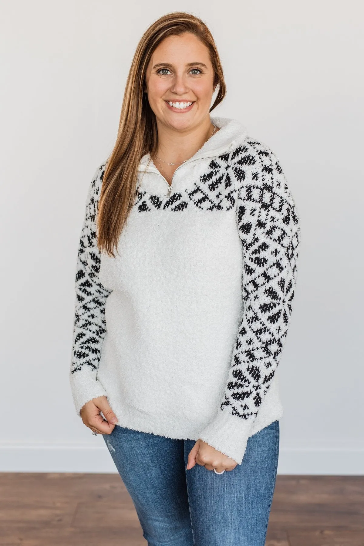 Luxurious Living Quarter Zip Sherpa- Ivory & Black